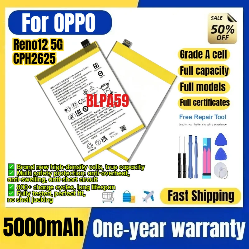 BLPA59 for OPPO Reno12 5G/CPH2625 Phone Battery 0 Cycle High Quality High Capacity Replacement Bateria Grade A Cell with Tools