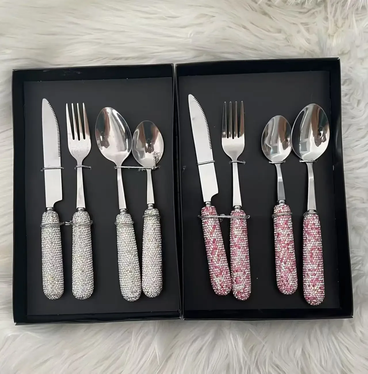 Sparkling Diamond 4Pcs Stainless Steel Tableware Cutlery Steak Knife Fork Spoon Dinner Flatware Dinnerware Sets with Box Gift