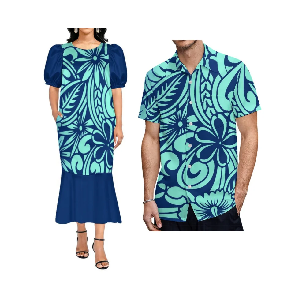 Micronesian Islands Custom Tribal Design Couple Outfit Pocket Design With Puff Sleeves Women'S Long Pleated Frilled Skirt