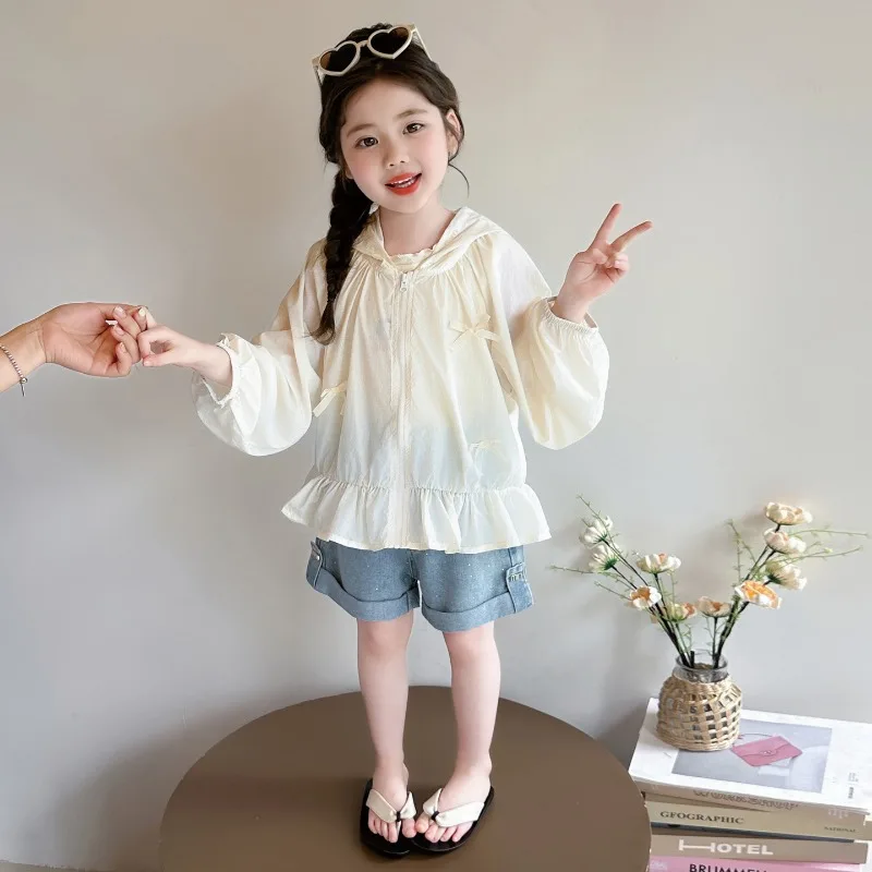 Summer 2026 New Childrens Casual Bow Sunscreen Clothes for Girls Air Conditioning Shirt Summer Thin Coat