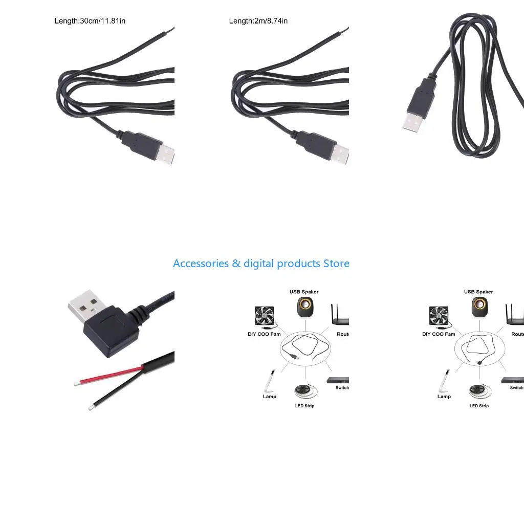 77JD Power Supply Cable 2 Pin Bare Wire 22AWG USB Open End Cable for LED Light Fan
