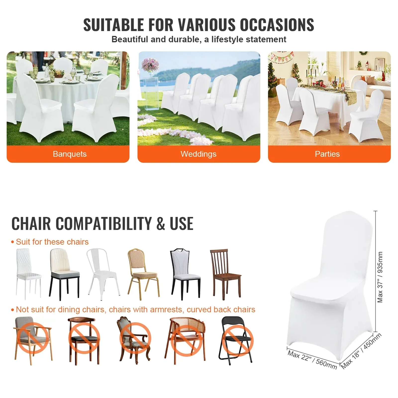 

SIHAO High Quality Spandex Chair Covers 50/100PCS Removable Skirt Washable for Banquet Party