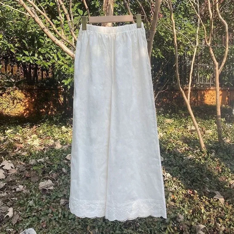 Spring Summer Women Cotton Linen Trousers Home Casual Pants Lace Embroidered Wide Leg Pants Loose Ankle-Length Pants for Women