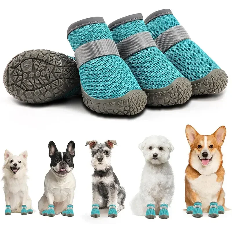 

4 pcs/set Dog shoes for small dogs Breathable dog shoes for hot roads, Non-slip medium dog boots for hardwood floors Lake Blue