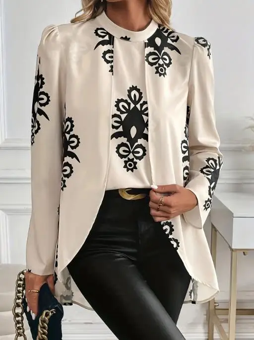 

Woman Blouse 2025 Spring Autumn New Fashion Print Mock Neck Long Sleeved Casual Asymmetric Hem Shirt Elegant Top