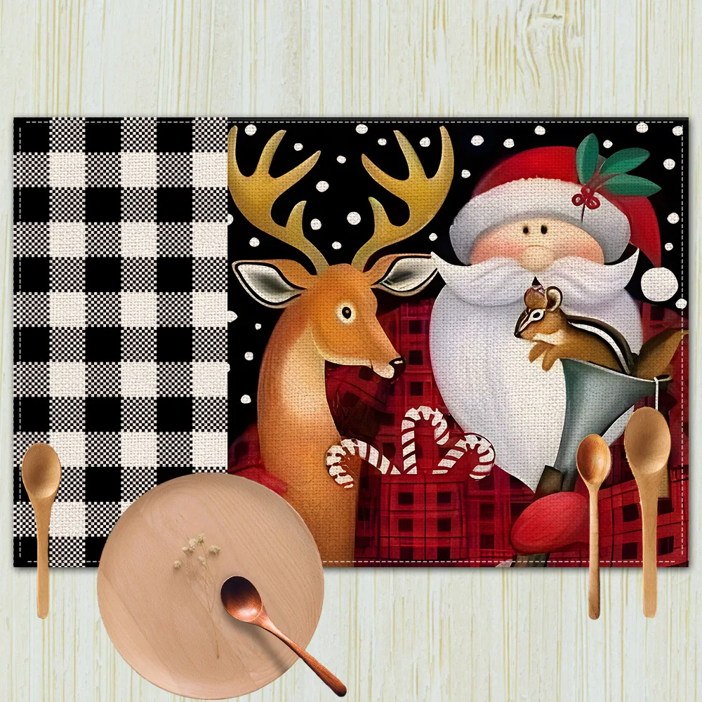 2024 Christmas Celebration Decoration Black and White Plaid Placemat Creative Santa Claus Printed Tablecloth Restaurant Set-up