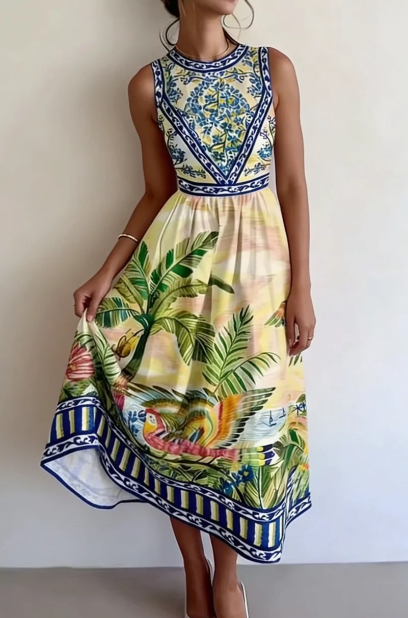 Women's New Summer Tropical Island Landscape Print Round-Neck Sleeveless Waist-Cinching A-Line Flared Dress, Casual Resort Style, Suitable for Beach Vacations, Daily Casual Wear, Parties, and Summer Outings