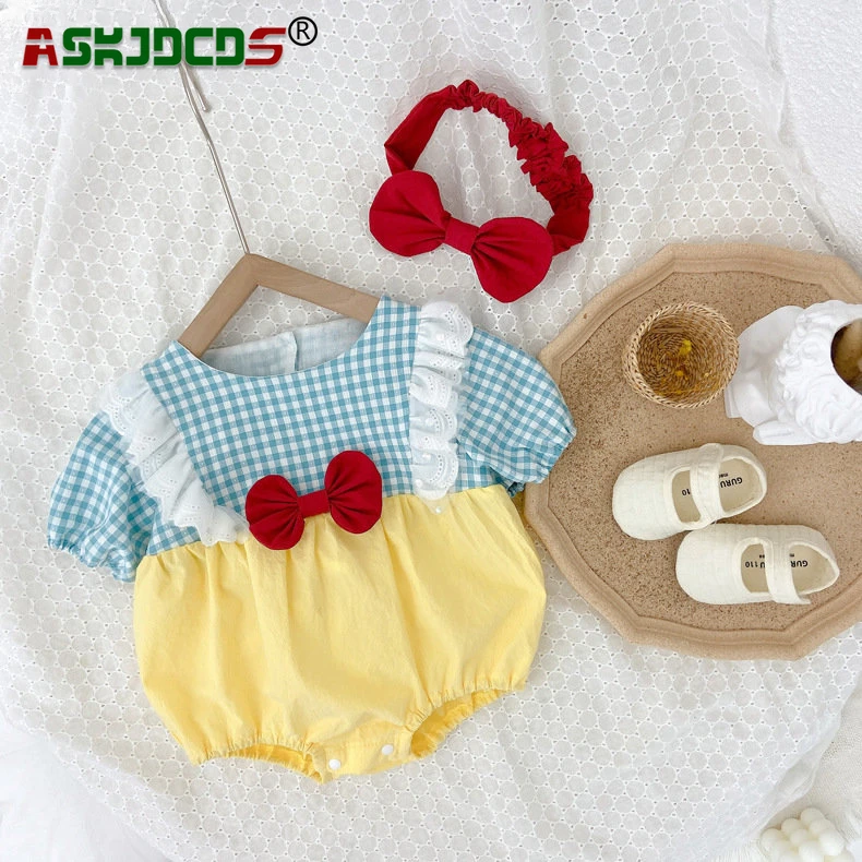 

2024 New In Gift Headbands Outdoor Summer Wear 0-24M Newborn Baby Girls Patchwork Plaid One-Piece Bodysuits Ruched Bow Accents