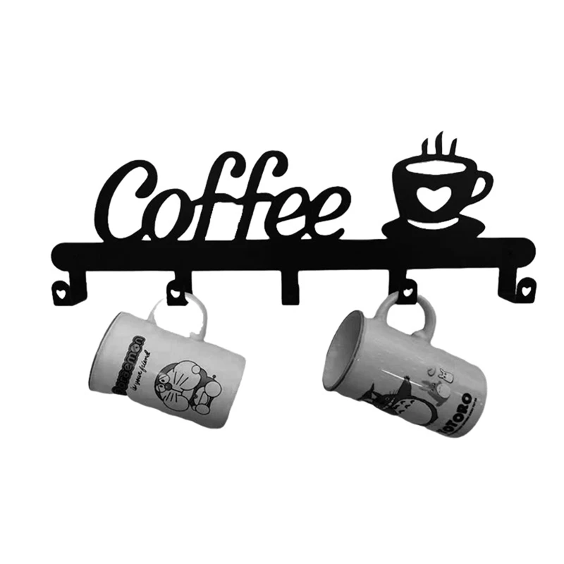Suporte de caneca de café montado na parede (5 ganchos), sinal de decoração de cozinha ou bar de café, para exibição e organizador de cabides de caneca de café