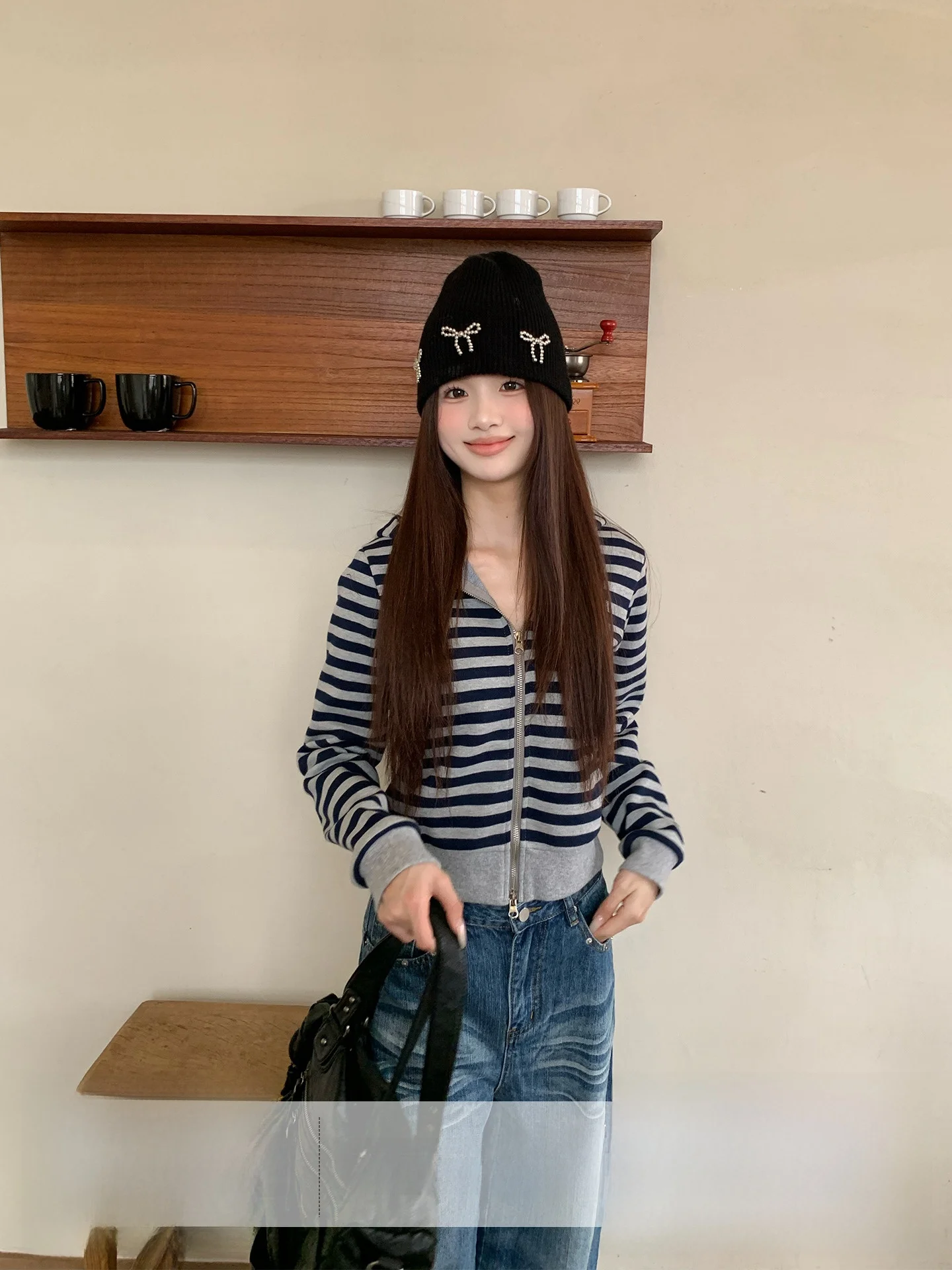 

Slimming ort Striped Hoodie Jaet Orange Tree Winter Faionable Women's Casual Wear Zipper Closure Long Sve Cotton Blend