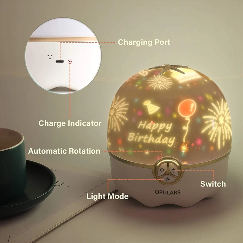 Proyektor lampu malam bayi, lampu samping tempat tidur dapat diisi ulang rotasi 360 ° dengan 6 film adegan, untuk promosi dekorasi kamar tidur