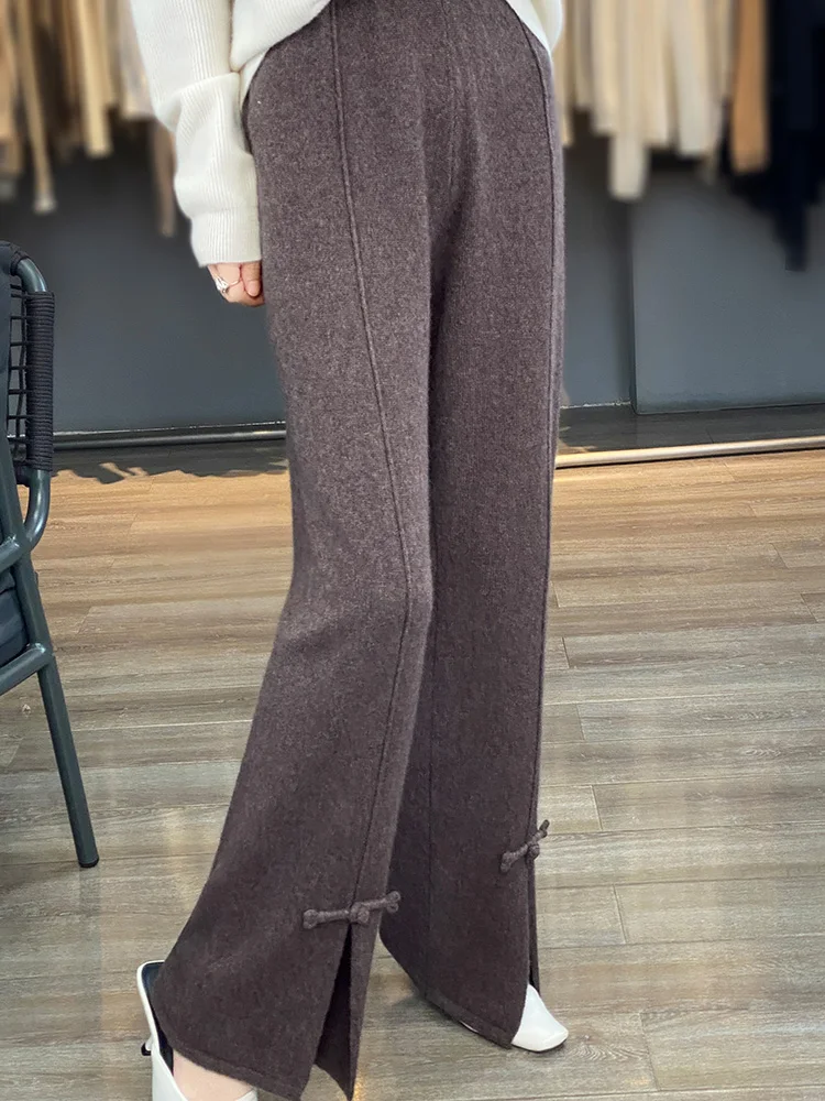 Autumn and Winter New 100% Pure Wool Knitted Split Button Wide Leg Pants Women's High Waist Draping Casual Chinese Floor Towers