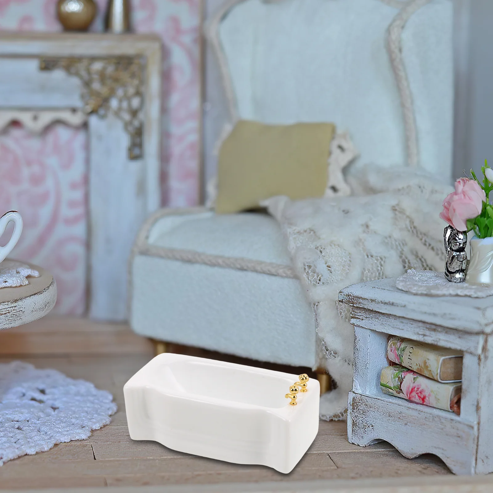 

Miniature 1:12 White Ceramic Square Bathtub Dollhouse Bathroom Furniture Compact Size for Realistic Home Decor Setup