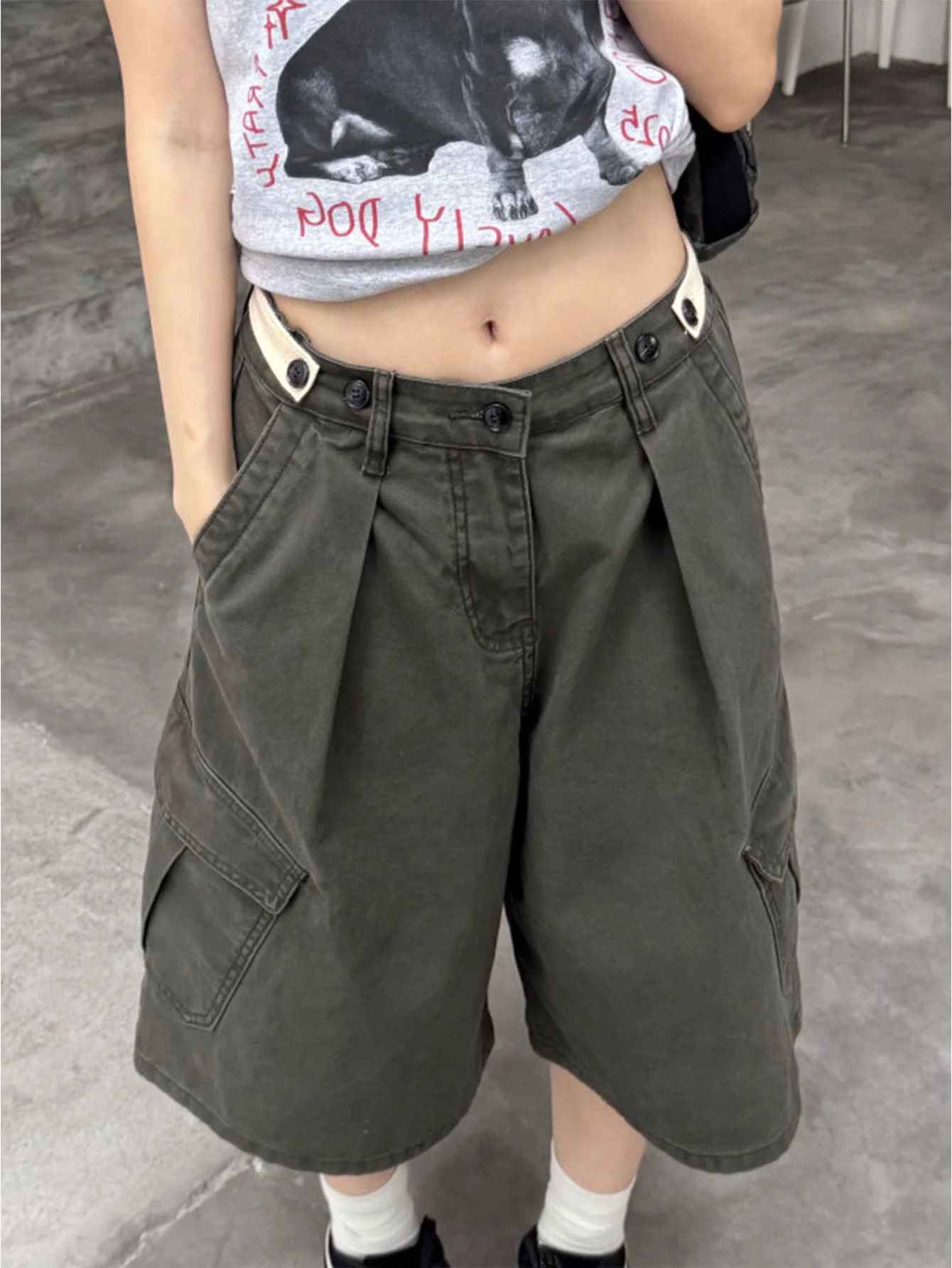 Women Vintage Wide Leg Pants Adjustable Multi Pocket Retro Washed Capri Trousers for Spring Autumn Outdoor Casual Daily Wear