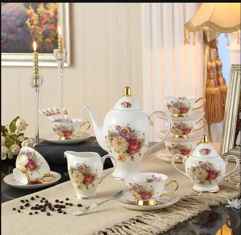 Europe Rose Bone China Tea Set British Porcelain Coffee Set Ceramic Pot Creamer Sugar Bowl Home Teapot Coffee Cup Mug Coffeeware