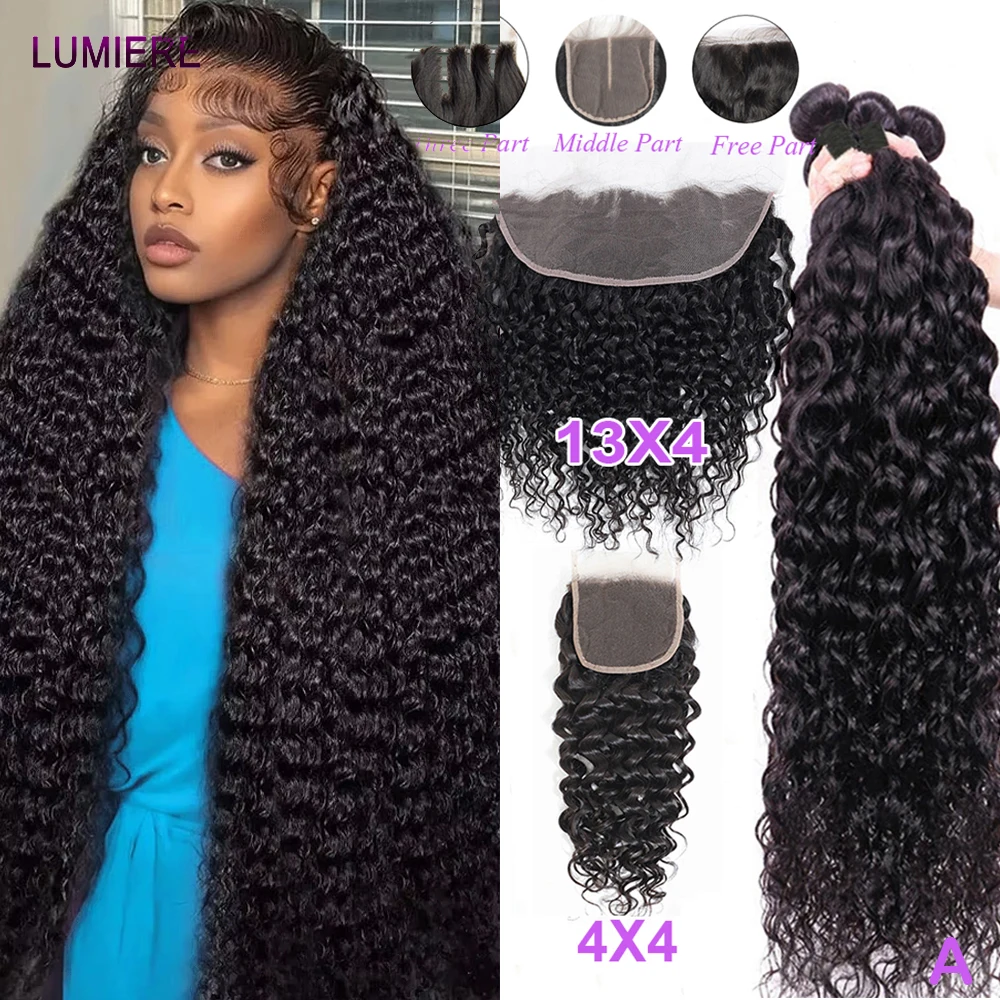 8-30'' Wholesale Deep Water Curly Wave Human Hair Bundle With Closure Frontal HD Transparent  Raw Virgin 16A Hair Extension