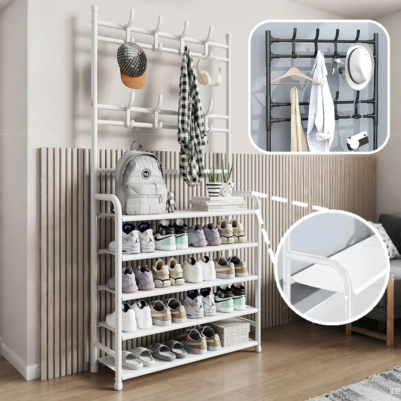 

Multi Tier Shoe Rack with 8 Hooks 60CM Wide DIY Clothes Rail Shelves Multi Functional Coat Hat Stand for Living Room Entryway