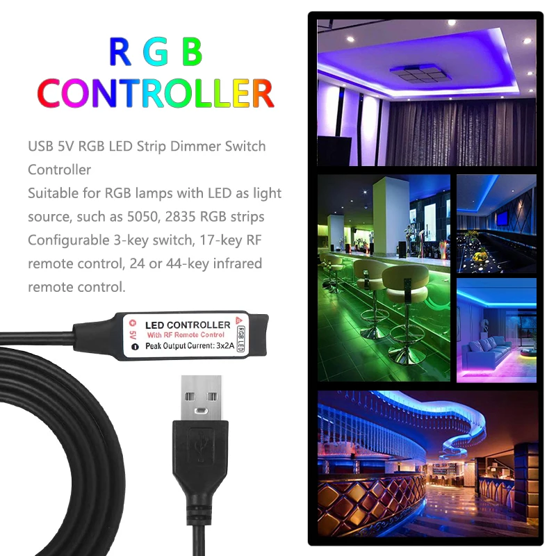 USB 5V LED Controller 6A 30W Mini RGB Dimmer with 3/17/24/44 Key IR RF Wireless Remote Control for 5050 2835 Color Light Strip