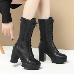 Women Mesh Fashion Black High Heel Platform Boots Spring Summer Modern Comfortable Soft Leather Thick Sole Mid Calf Boots