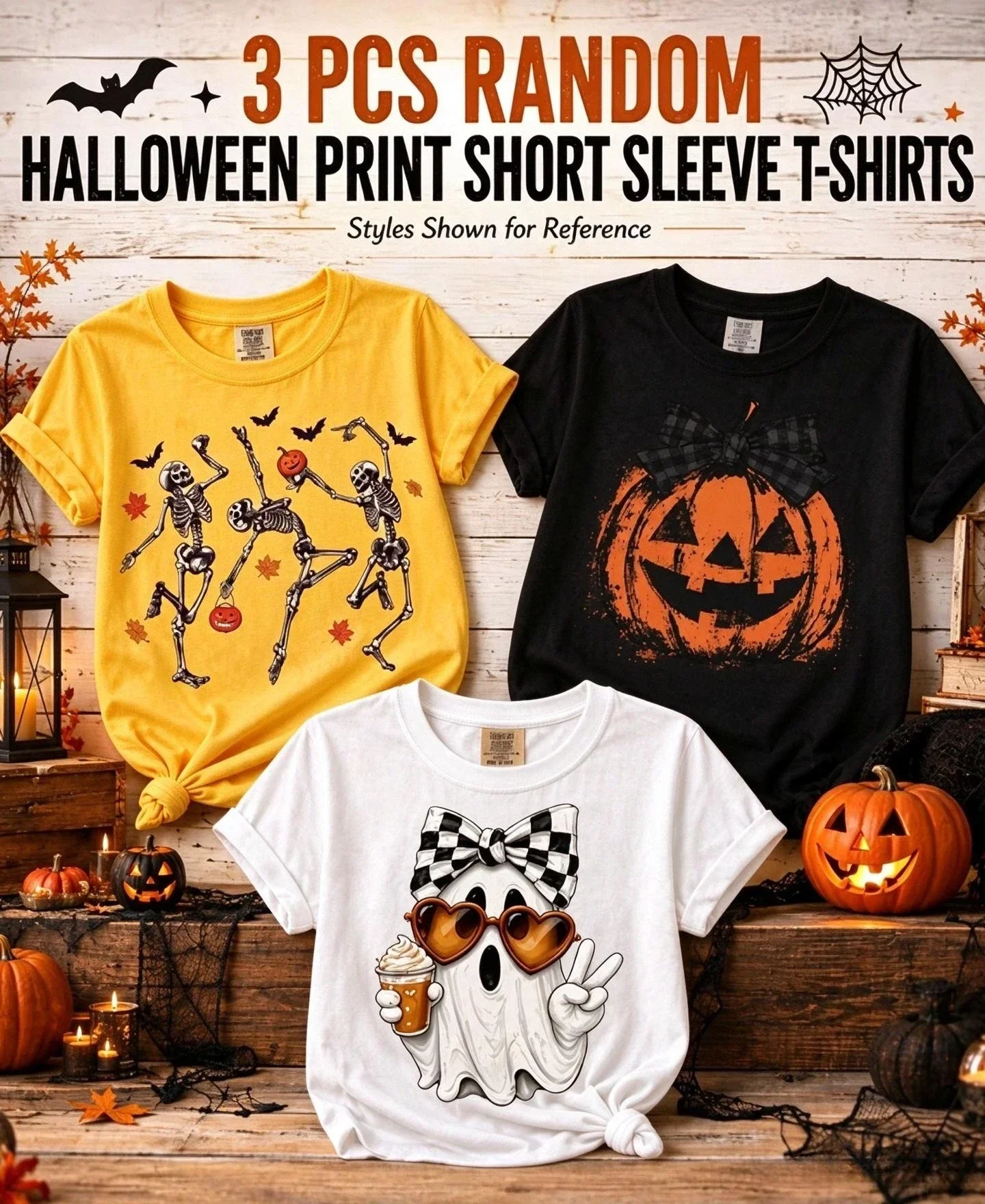 3PCS Halloween T Shirt Women Bundle Set Yellow Black White Cute Ghost Pumpkin Graphic Tees Casual Holiday Top