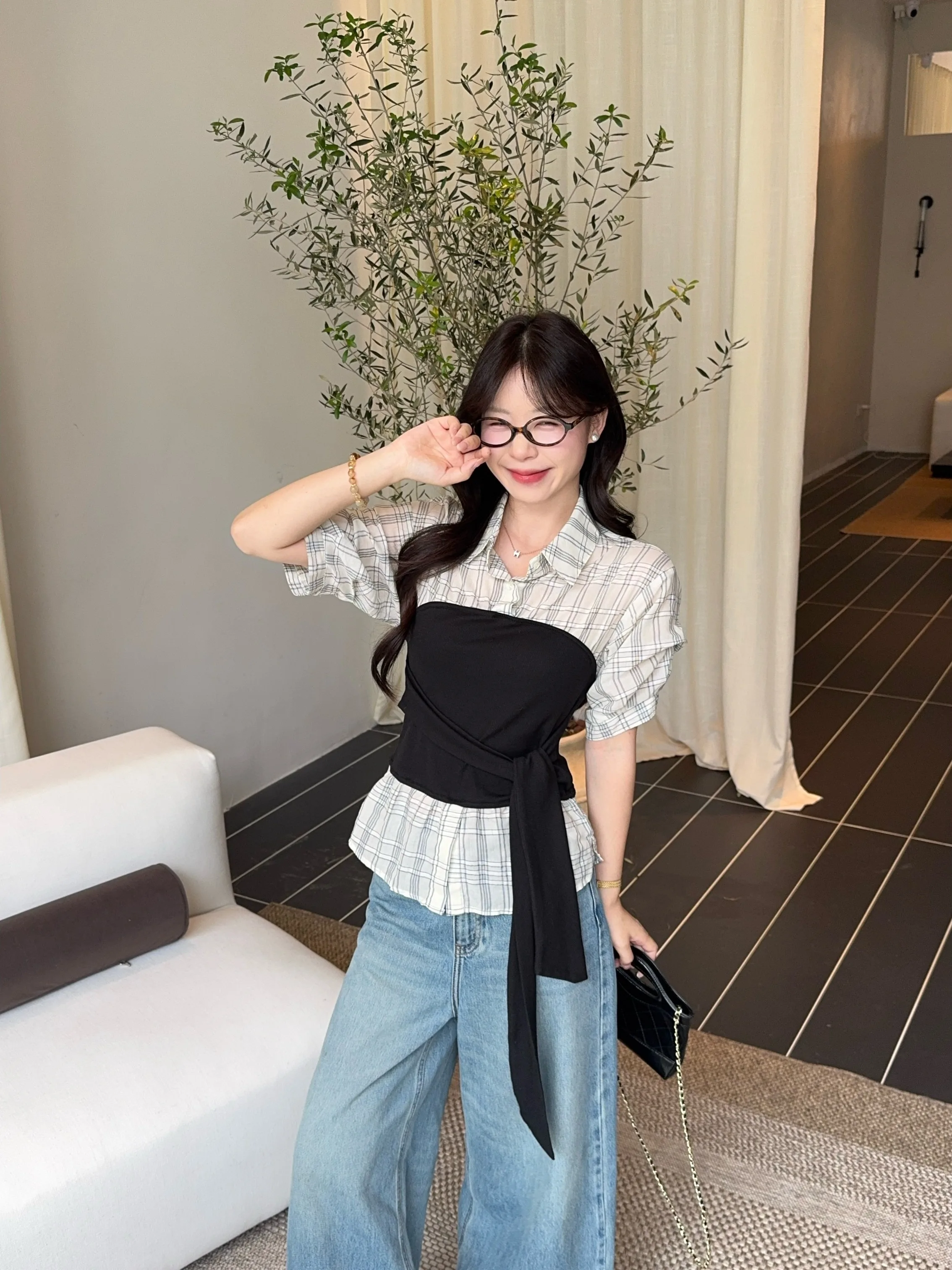 

plus Size Plaid Short Sleeve Shirt with Belt Design Summer New Style Slimming Effect Korean Style Commute Wind Women's Blouse
