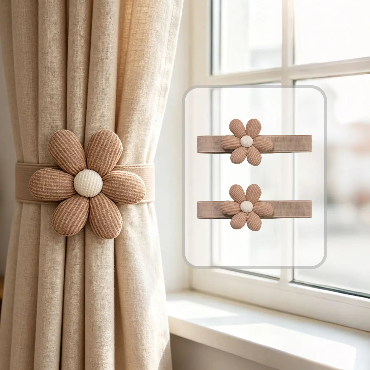 2PCS Floral Elastic Curtain Tiebacks, Fabric Flower Curtain Holdbacks for Elegant Home Decor