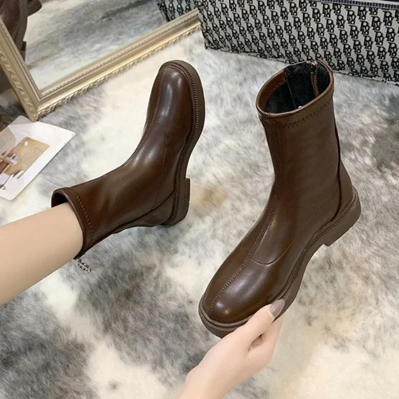 

Chelsea Ankle Boots Women Autumn and Winter Fashion PU Leather Fleece Warm Short Boots Ladies Shoes Elegant Designer Botines