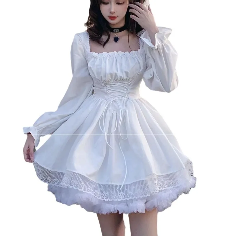 Sweet Puff Sleeve Dress Women Square Neck Kawaii Lace Partywear Lolita Cute White Princess Dress Elegant Party Vestidos Y2K 원피스