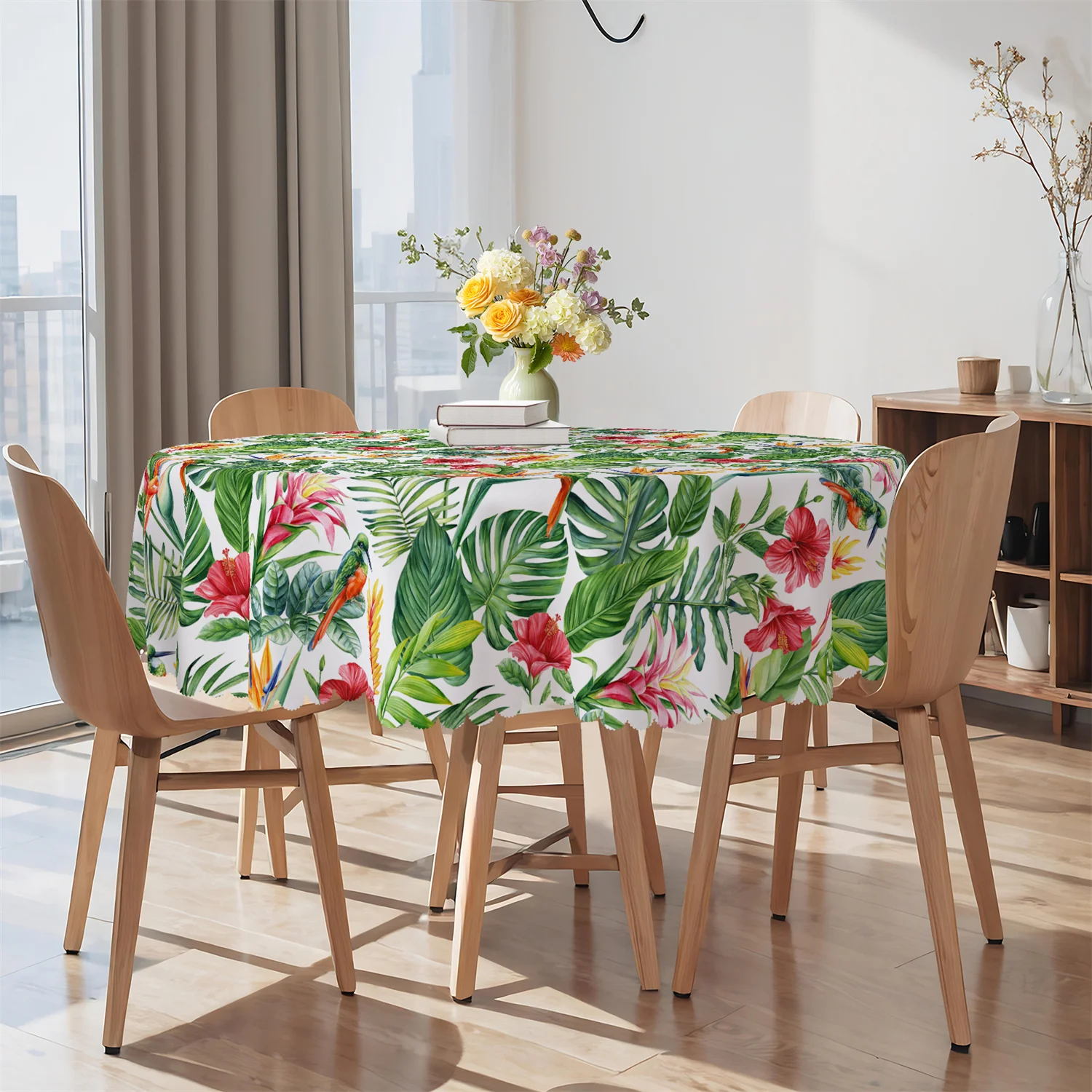 Tropical Bird Palm Tree Monstera Leaf Four Seasons Tablecloth, 1-Pack, Suitable for Dining Table Parties and Outdoor Decorations