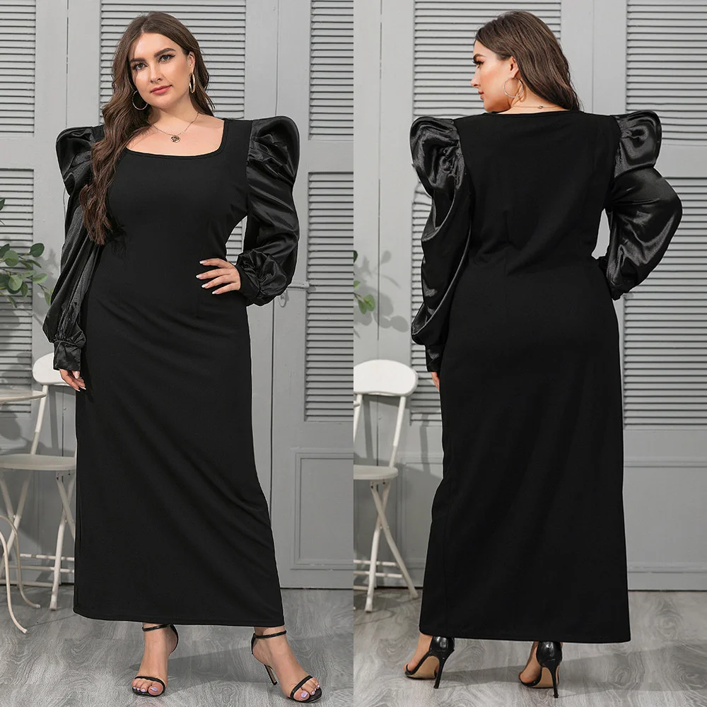 New Plus Size Women Dresses Fashion Square Neck Bubble Sleeve Loose Elegant Dress Casual Elegant Splicing Solid Color Dress 2023