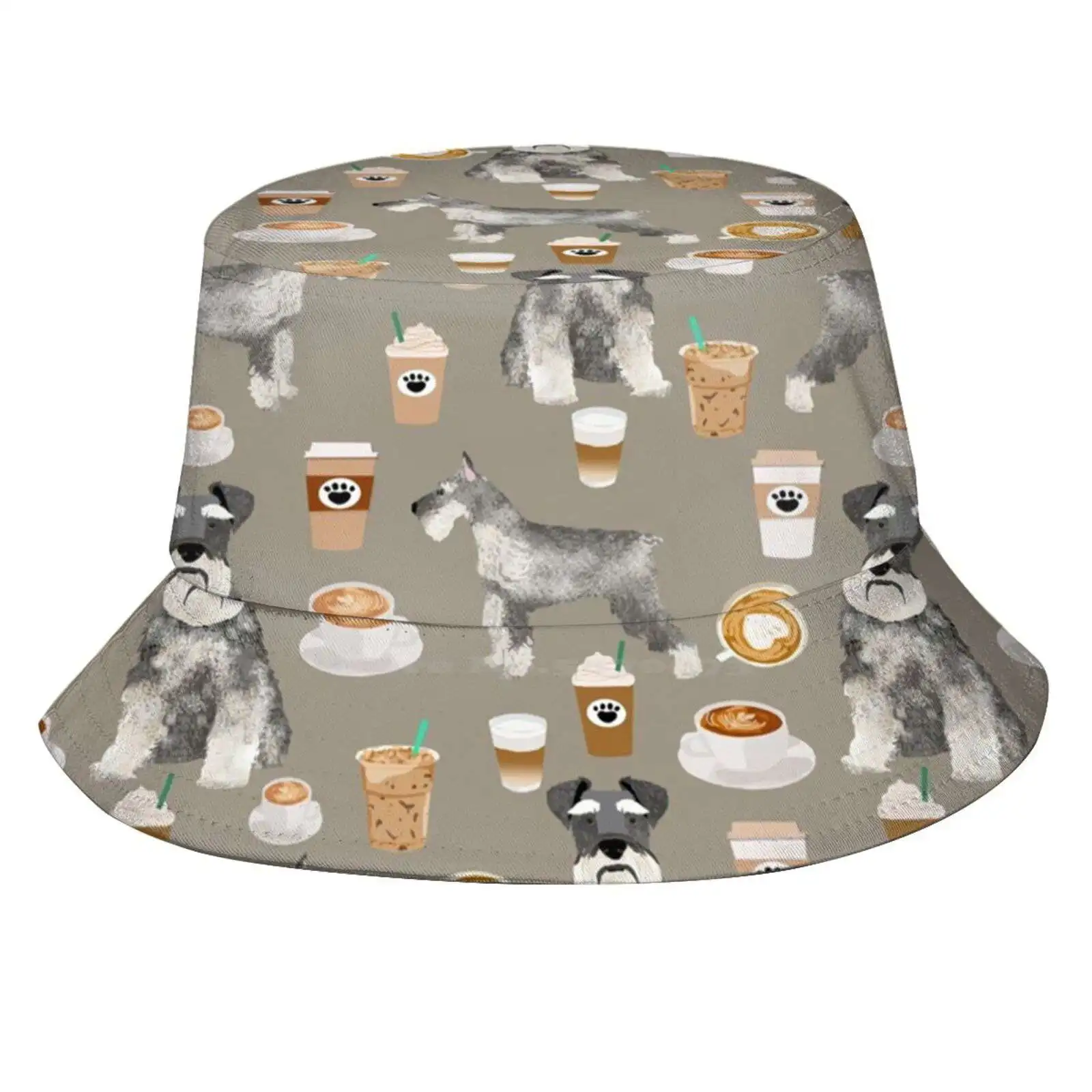 Schnauzer Coffee Dog Breed Pet Art Pure Breed Cafes Pupuccino Sun Cap Fisherman Hat Bucket Hats Coffee Dog Breed Pure Breed