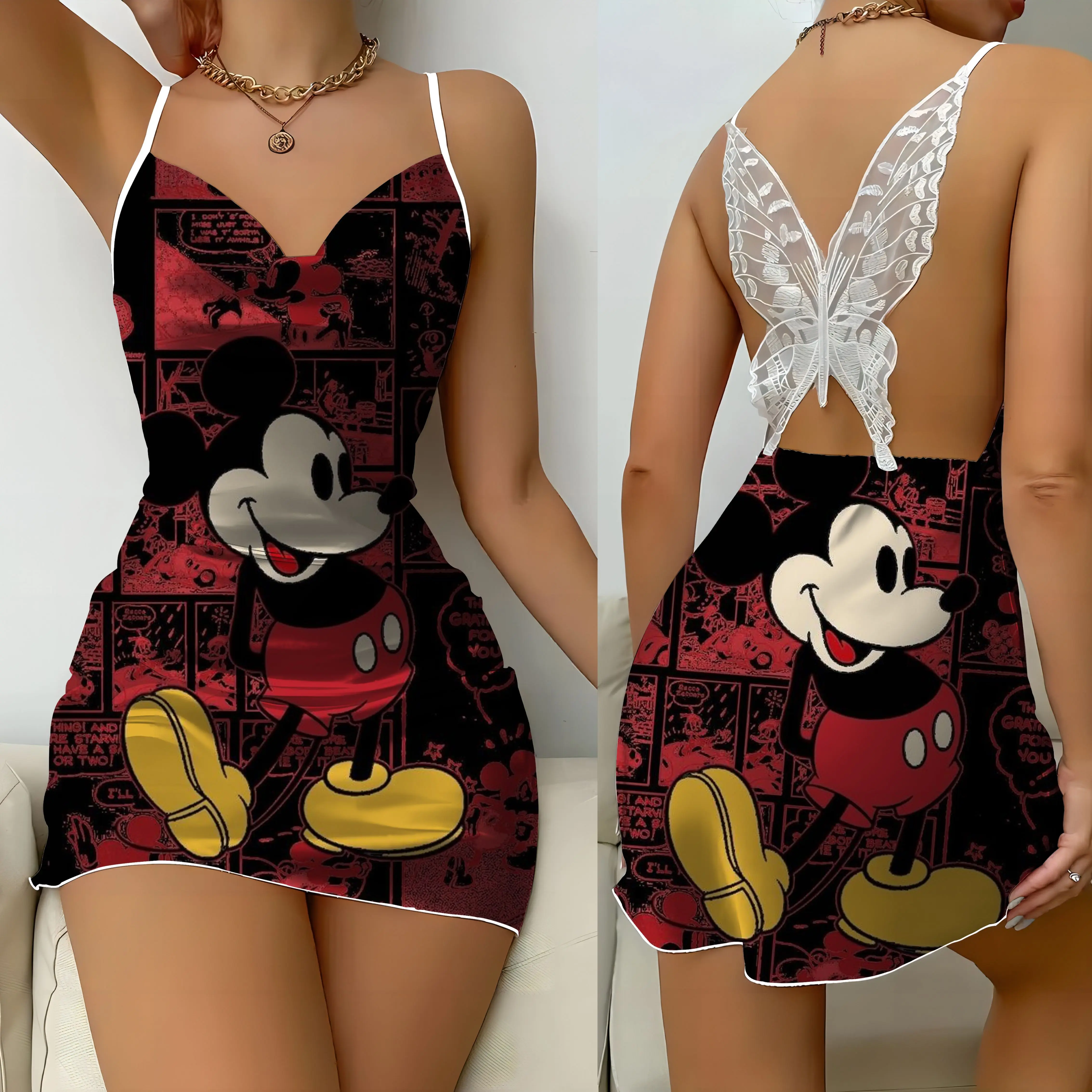 Vestido Minnie Mouse sem costas Disney para mulheres, saia de pijama com nó arco, superfície Mickey Satin, mini vestidos de festa, moda sexy, verão, 2022, 2024