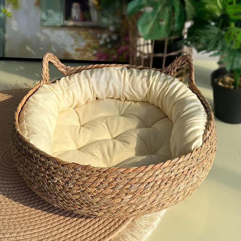 Cat Bed Pet Nest Pure Manual Rattan Woven Cattailgrass Cat Scratch Board Removable Washable Winter Warm Pad All-Season