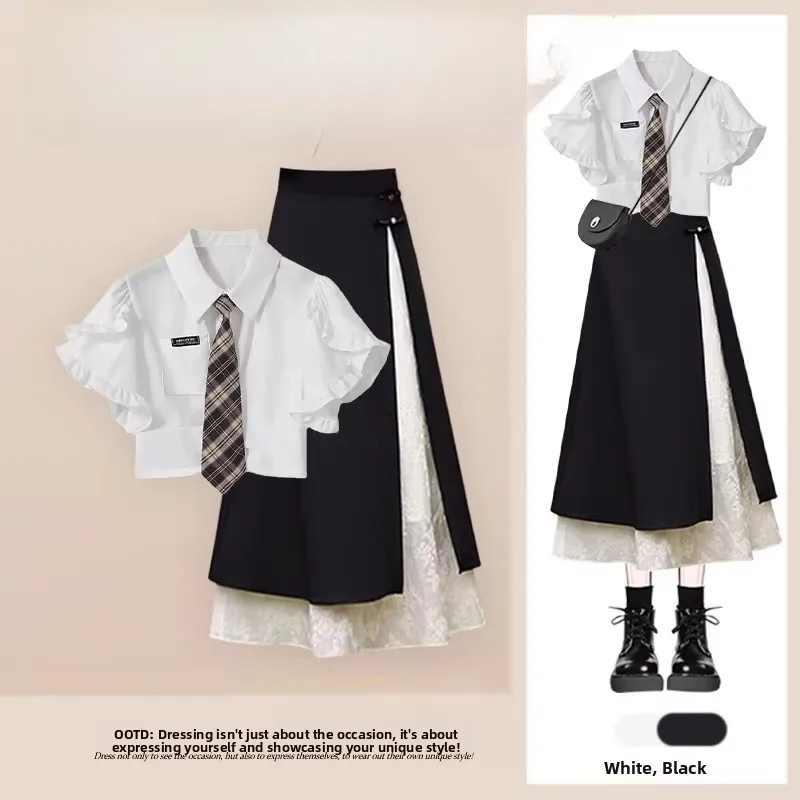 

Summer Casual Retro Two-Piece Set Slimming High Waist Short Sleeve Top with Half Skirt JK Uniform School Style Fashion Set fo...
