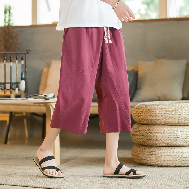 

Хлопково-льняной свободный крой, летняя тонкая дышащая семидюймовая мужская повседневная спортивная верхняя одежда с широкими штанинами, пляжная одежда для подростков