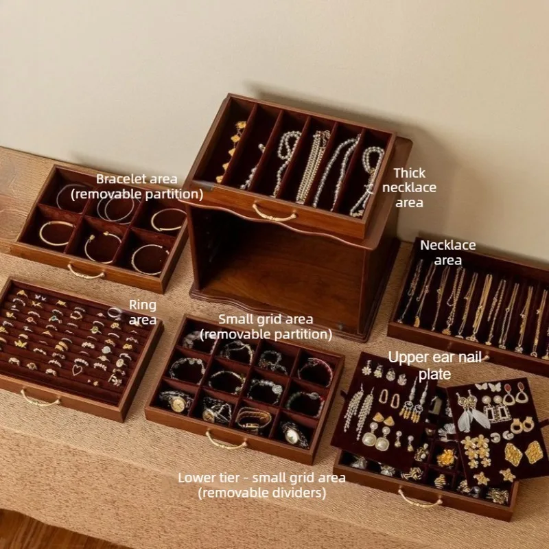 Large Capacity Jewelry Organization Box Glass Lid Ring Earring Display Box Desktop Necklace Bracelet Boxes Wooden Jewelry Case