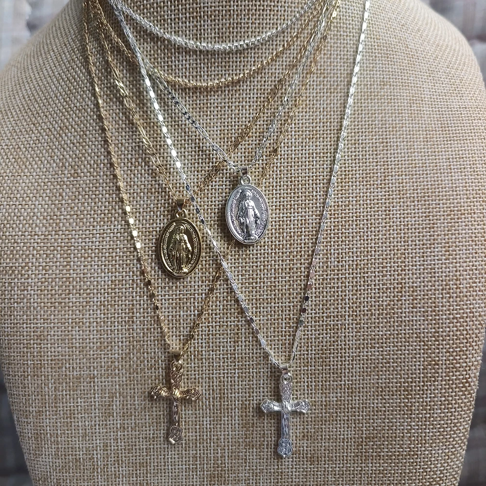 Three layer Necklace Oval-shaped Virgin Mary Madonna Pendant Jesus Cross  metal plated Chain Women Gift