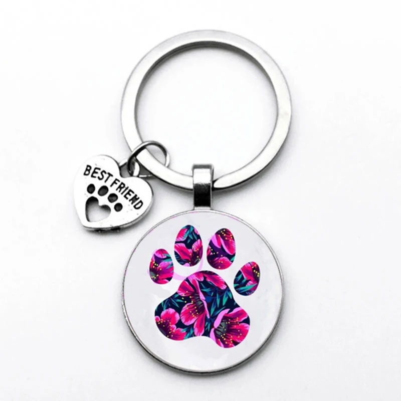 Popular Jewelry Dome Glass Zinc Alloy Keychain Pet Dog and Cat Paw Print Paintings Gifts