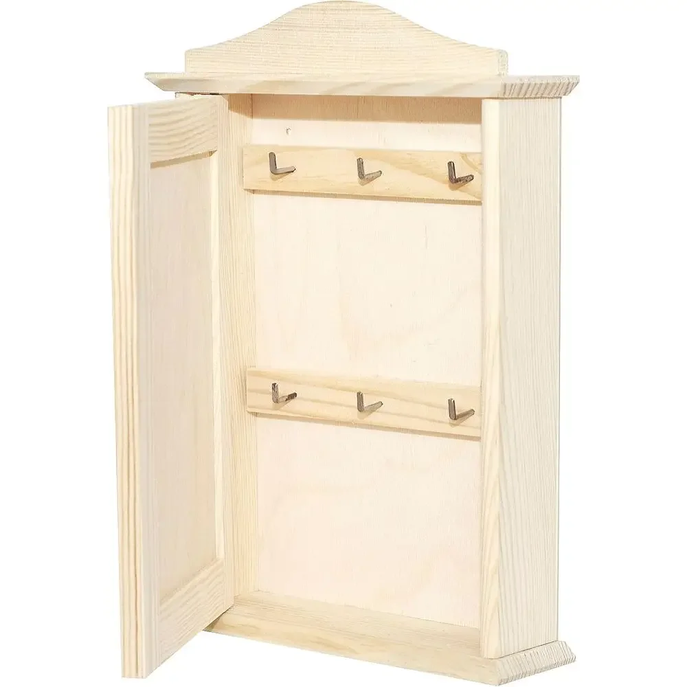 

Unpainted Wooden Key Cabinet with 6 Hooks - Wall-Mounted Storage for Home Decor