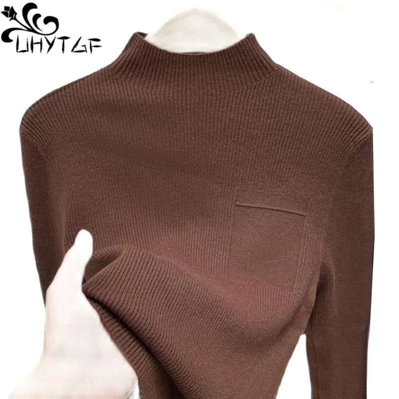 

UHYTGF Women Knit Vintage Sweater Ladies Half Turtleneck Pullover Autumn Winter Sweaters Female Elastic Slim Knitwear Top 2669