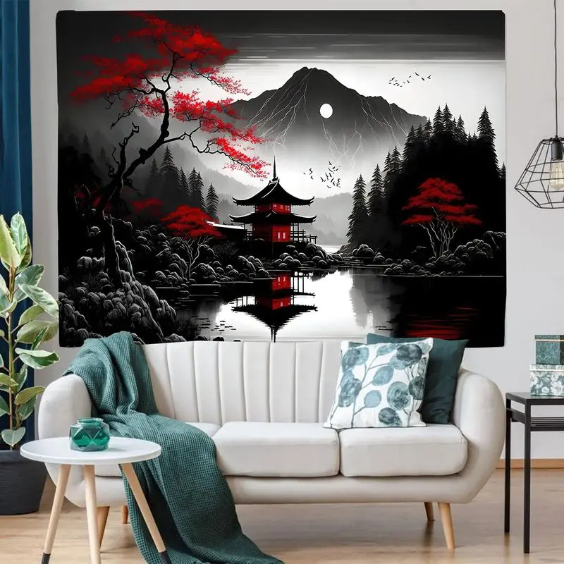 VIKAMA Mount Fuji Five Story Pagoda Tapestry Wall Hanging Cherry Blossom Spring Japanese Landscape Wall Art Decor
