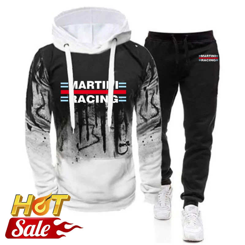 2025 Spring And Autumn Man's Martini Racing Logo Print High Street Popular Hooded Gradient Color Hoodies+Leisure Pants Suits