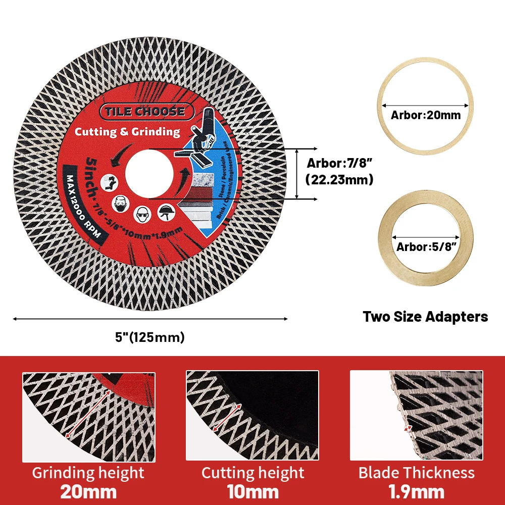Diamond Tile Saw Blade 4.5-5” Cutting Grinding Disc for Porcelain Tile Marble Artificial Stone with Double-Sided X Mesh Rim
