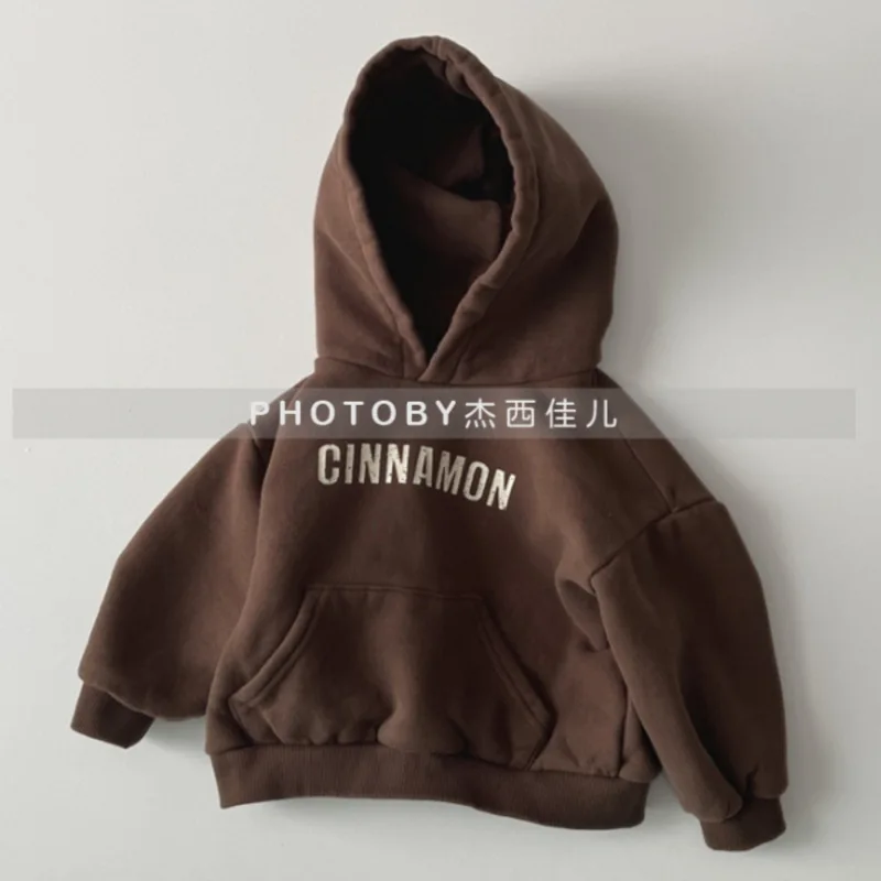 2027 Winter Baby Long Sleeve Sweatshirt Letter Print Girls Casual Hooded Sweatshirt Cotton Boys Loose Tops Kids Clothes