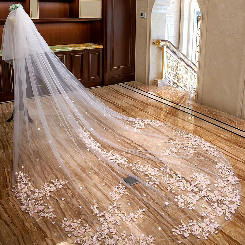 Luxury Pink Lace Flower 350cm Long Bridal Veils For Church Wedding Soft Tulle Double Layers Cathedral Wedding Veil Tail Custom