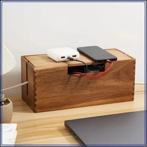 Acacia Wood Cable Management Box, Cord Hider & Organizer for Power Strip, TV Wires, Desk & Floor Cables - Under Desk Cable Storage Box