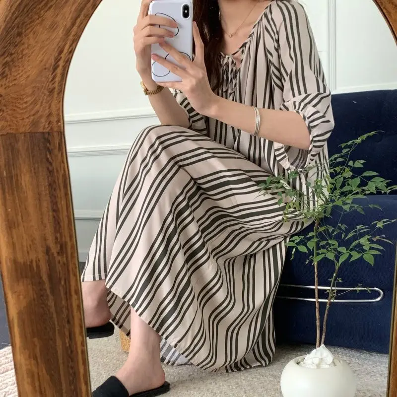 Cotton Silk Nightgown Women Summer Thin Section Cotton Silk Pajamas National Style Striped New Chinese Long Skirt Homewear