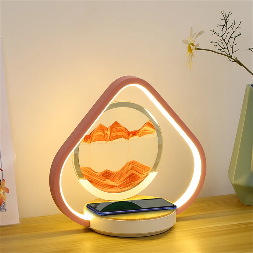 3D Quicksand Lamp with Wireless Charging Modern Touching Table Lamps Moving Sand Art Picture Dimmable Bedside Light for Bedroom