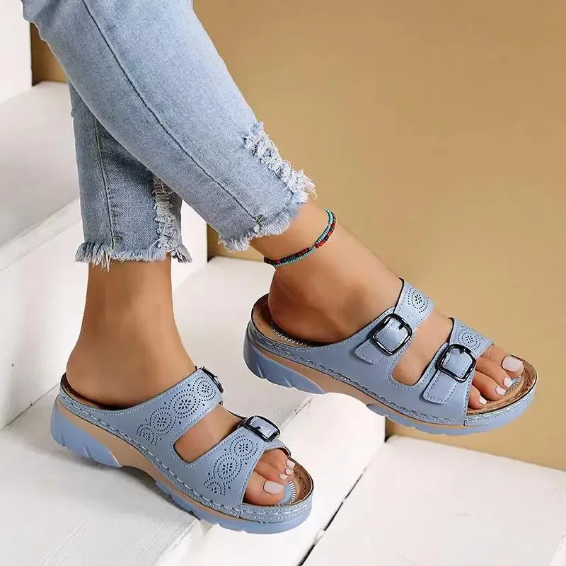 Women Leather Pu Comfort Wedges Slippers New Woman Double Buckle Wedge Ladies Sandals Size 43 Platform Casual Slippers Female