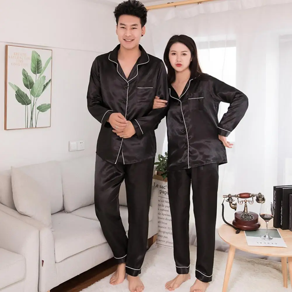 2023 Couples Silk Satin Women Pajamas Set Solid Color Long Sleeve Sleepwear Suit Homewear Women's Casual Pajamas Thin Pajamas 잠옷